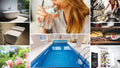 Frau trinkt Wasser, Swimmingpool, Kleiderschrank, WC, Badewanne, Gießwasser, Kühlschrank, Geschirrspühler